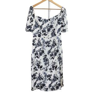 RIHOAS Blue Toile Floral Puff Sleeve Midi Dress Romantic Cottagecore NWT Large